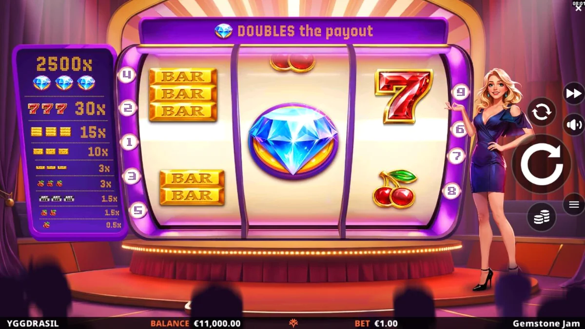 Tampilan visual slot Gemstone Jam dengan simbol permata dan desain acara TV