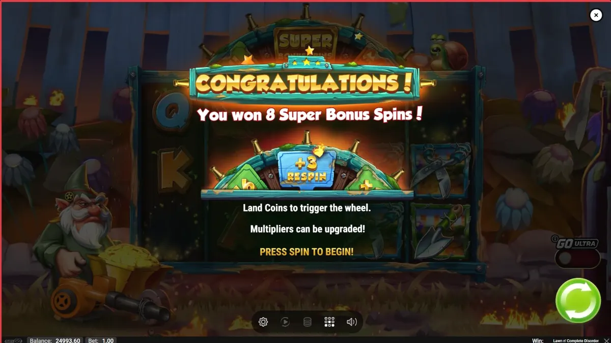 Lawn N’ Complete Disorder slot game visual featuring the gnome and fiery garden theme
